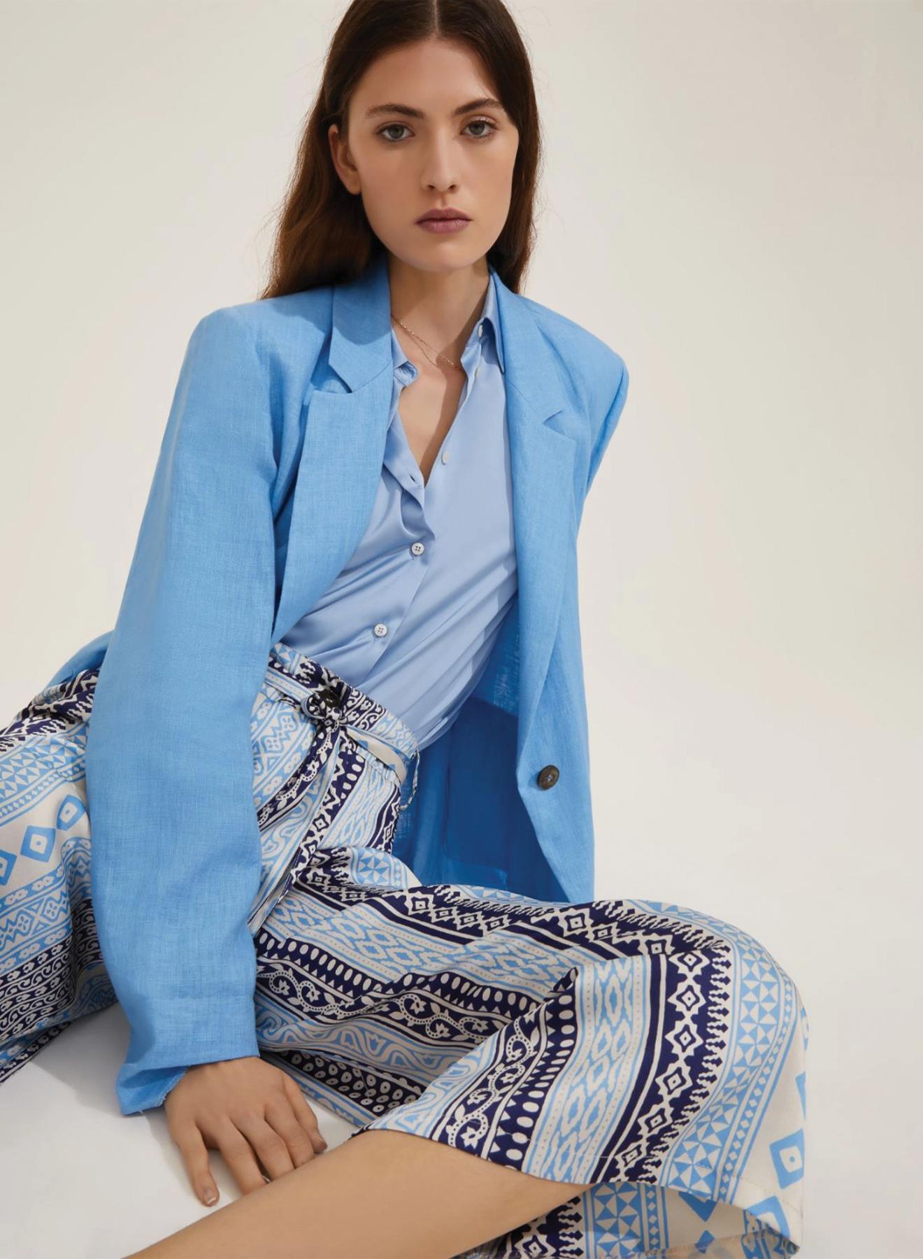 Μπλε-Γαλάζιο cropped Παντελόνι twill με σχέδια και με ζώνη σε ίδιο ύφασμα Emme Marella - 3