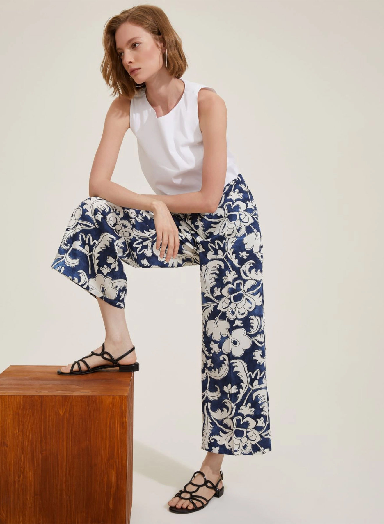 Navy Blue-Εκρού Παντελόνι twill με σχέδια Emme Marella - 2