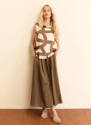 Καφέ-Εκρού twill αμάνικο Τοπ με σχέδια με κουμπιά στη πλάτη Emme Marella - 57125