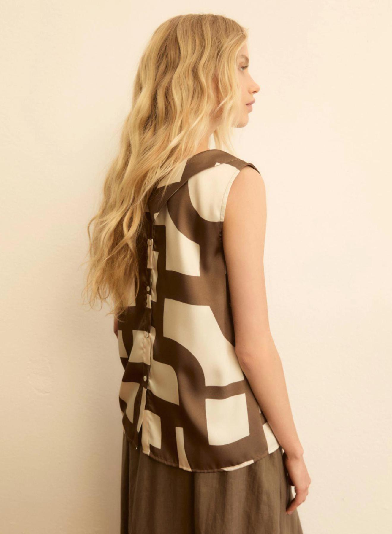 Καφέ-Εκρού twill αμάνικο Τοπ με σχέδια με κουμπιά στη πλάτη Emme Marella - 3