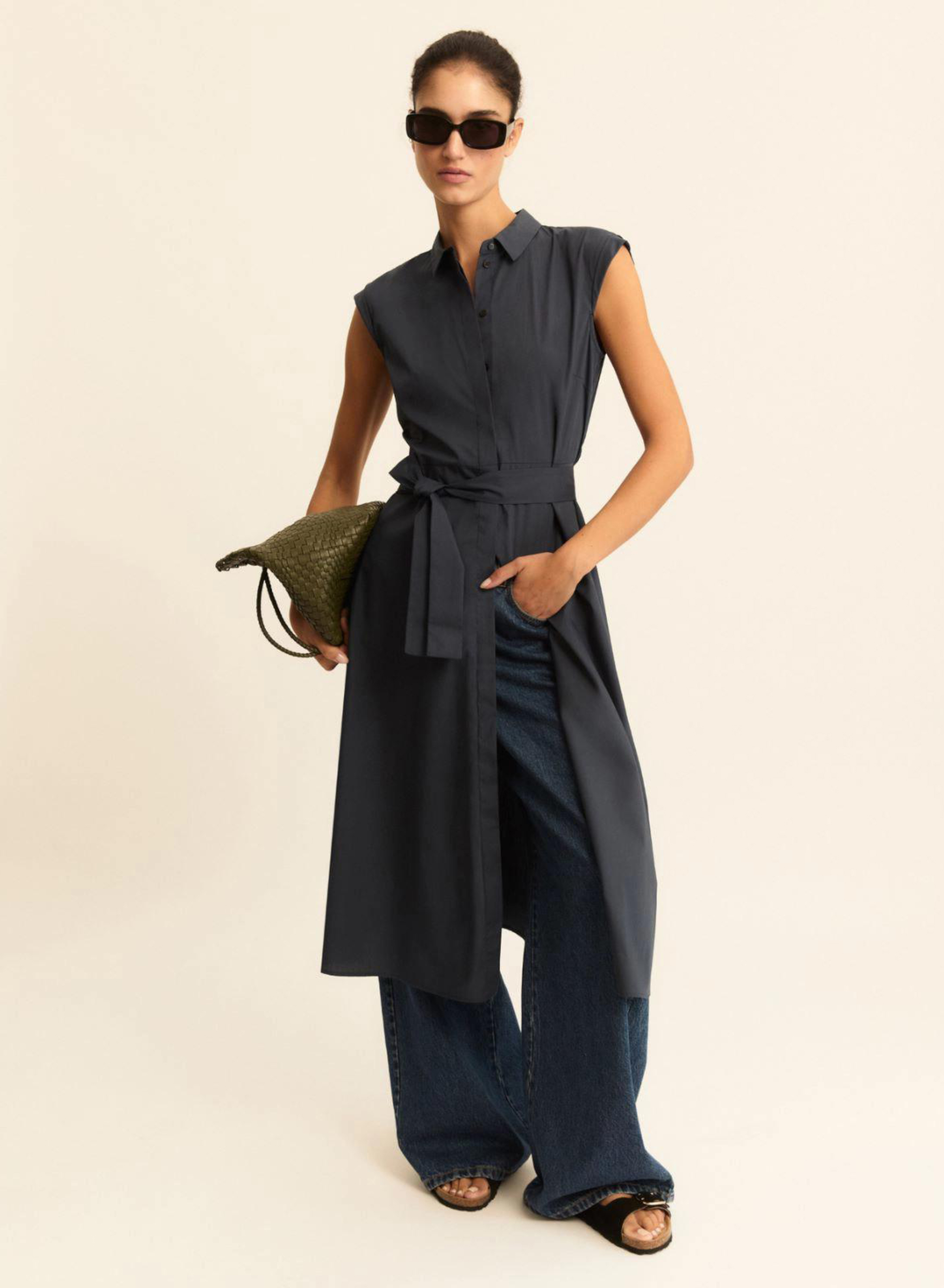 Navy Blue Πουκαμισοφόρεμα ποπλίνα με ζώνη Emme Marella - 0