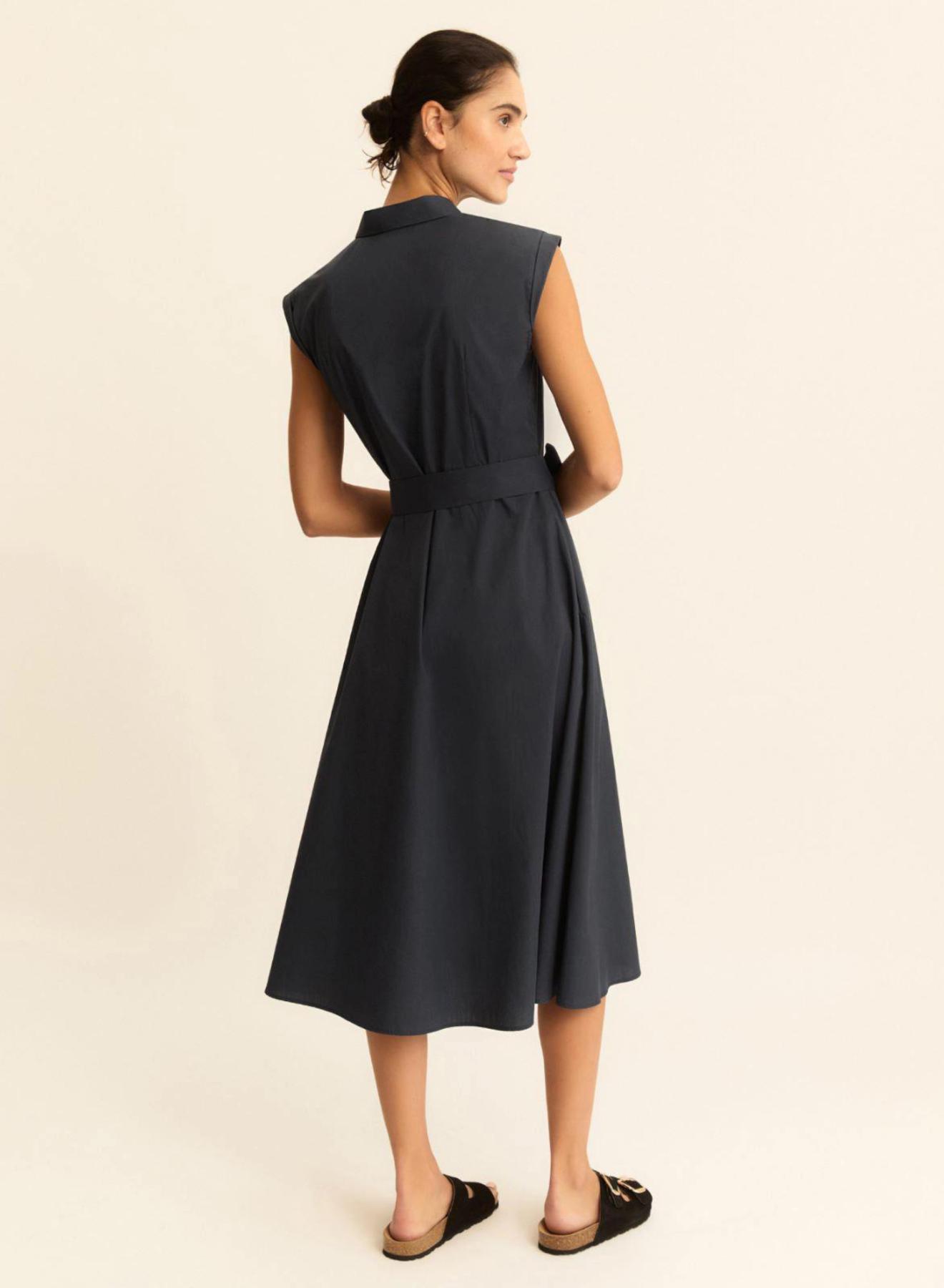 Navy Blue Πουκαμισοφόρεμα ποπλίνα με ζώνη Emme Marella - 2