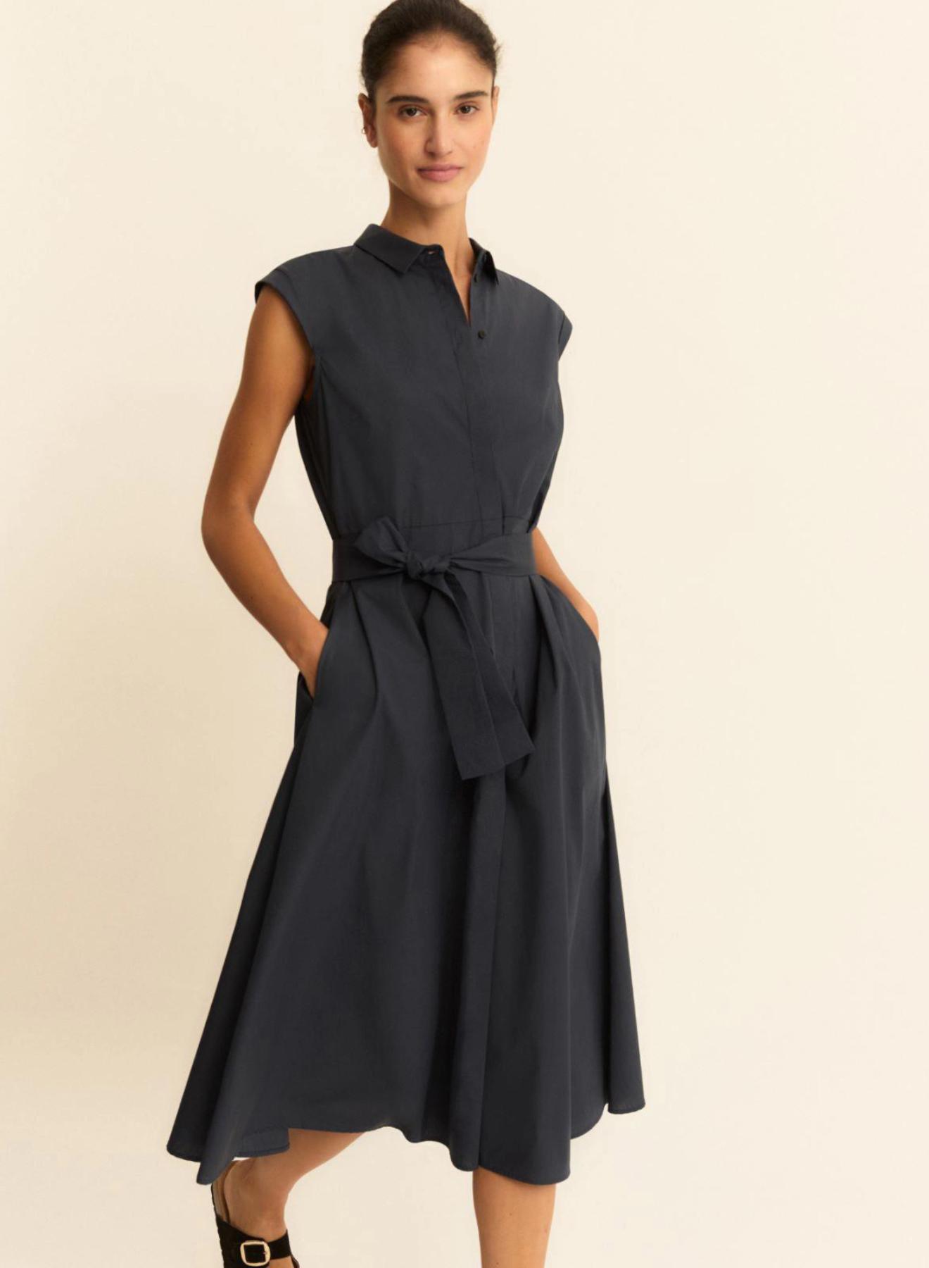 Navy Blue Πουκαμισοφόρεμα ποπλίνα με ζώνη Emme Marella - 4