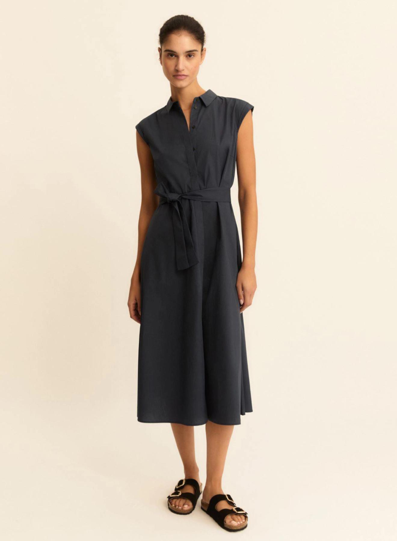 Navy Blue Πουκαμισοφόρεμα ποπλίνα με ζώνη Emme Marella - 5