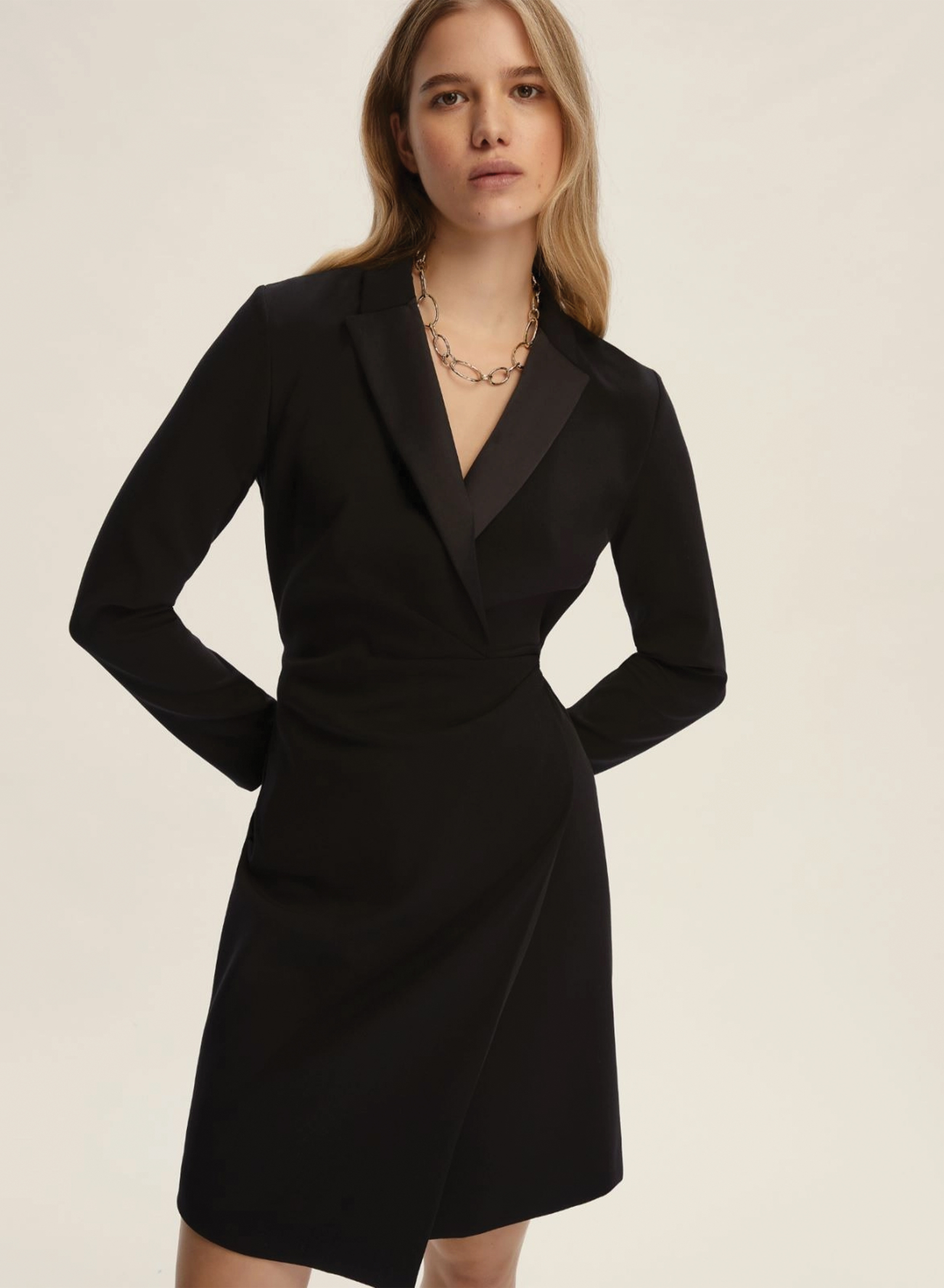 Black criss cross Dress with long sleeves and with lapel collar with satin details Emme Marella - 2