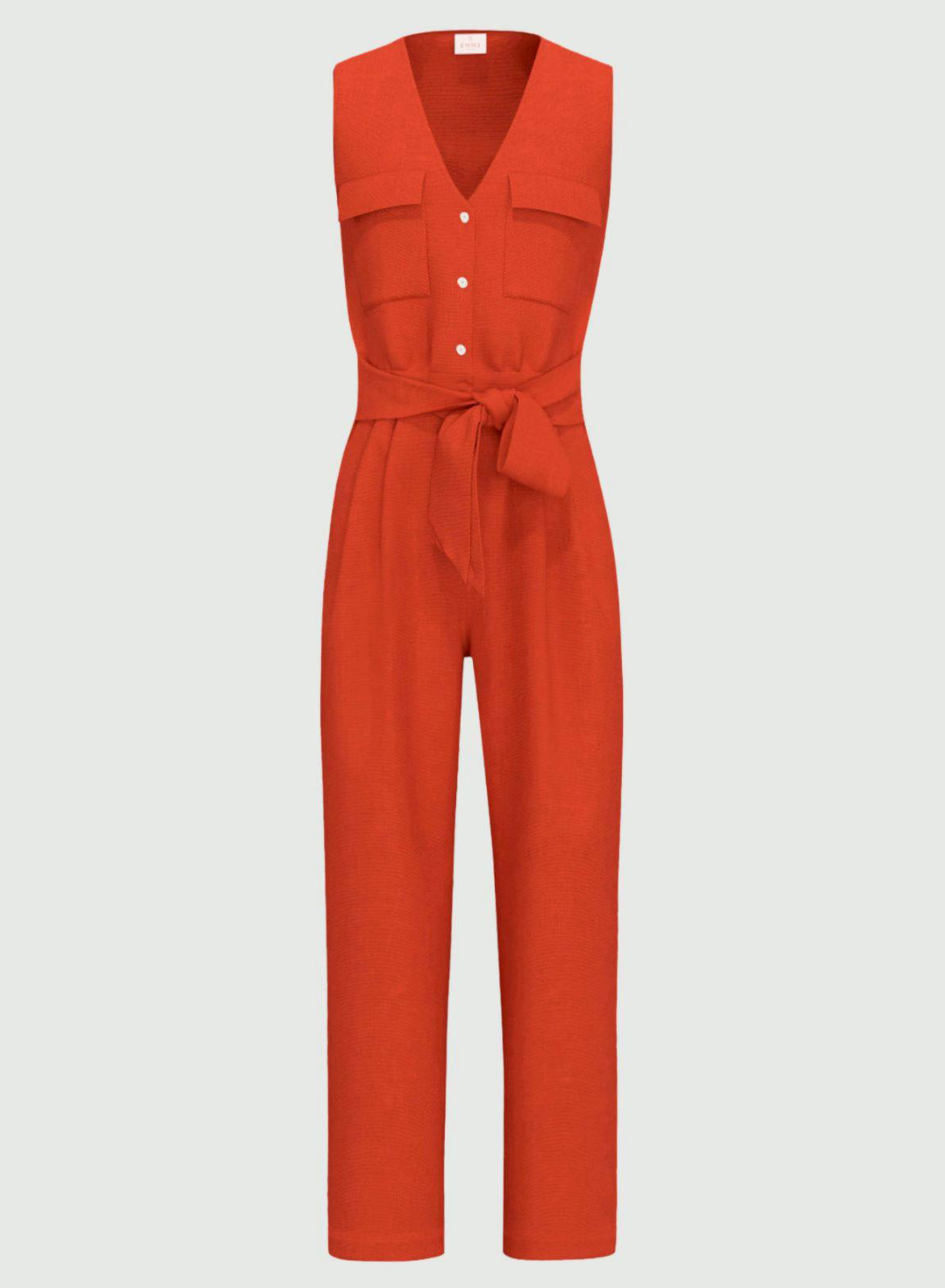 Πορτοκαλί αμάνικη ολόσωμη λινή Φόρμα με V λαιμόκοψη και με κουμπιά Emme Marella - 4