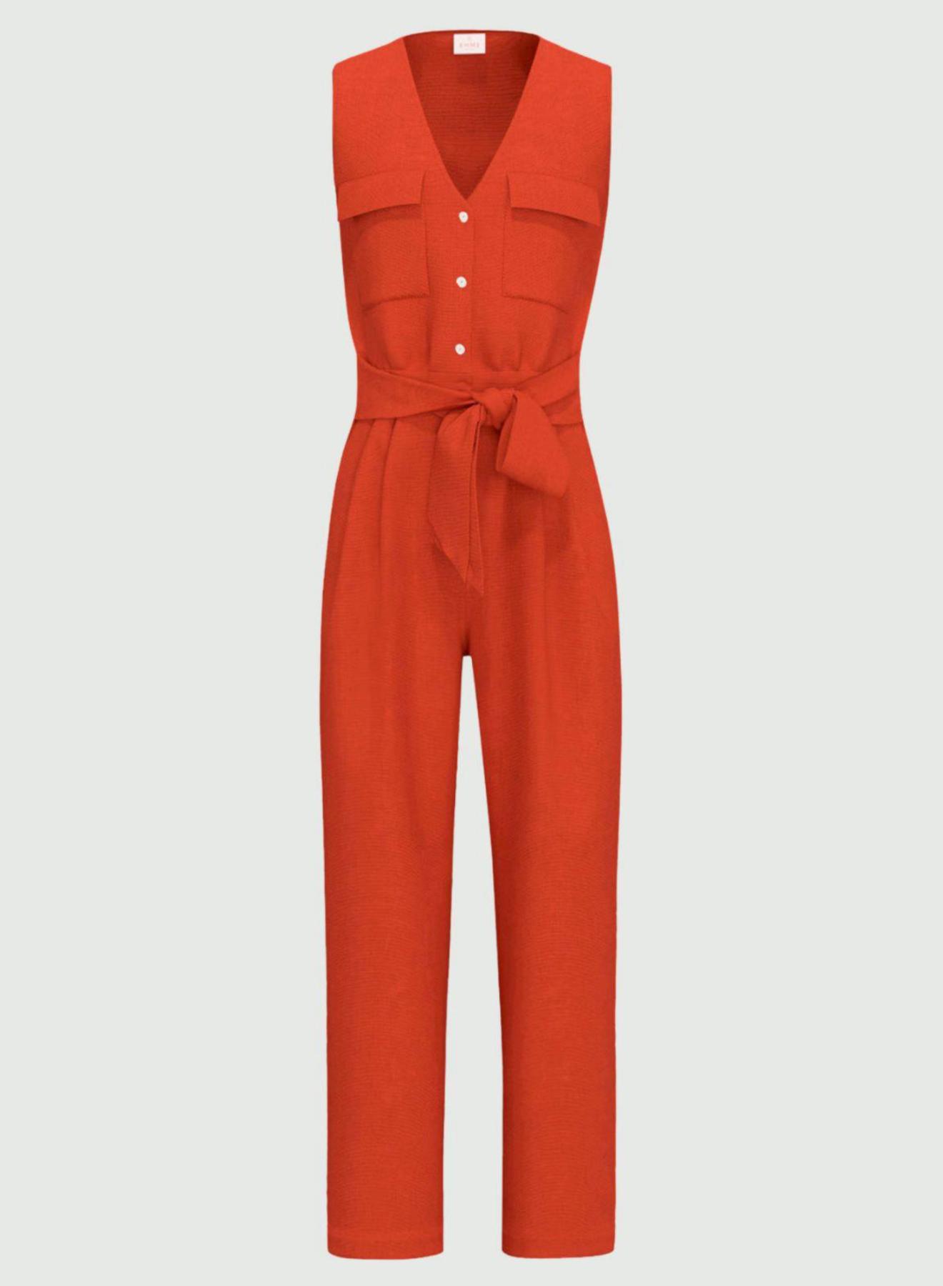 Πορτοκαλί αμάνικη ολόσωμη λινή Φόρμα με V λαιμόκοψη και με κουμπιά Emme Marella - 5