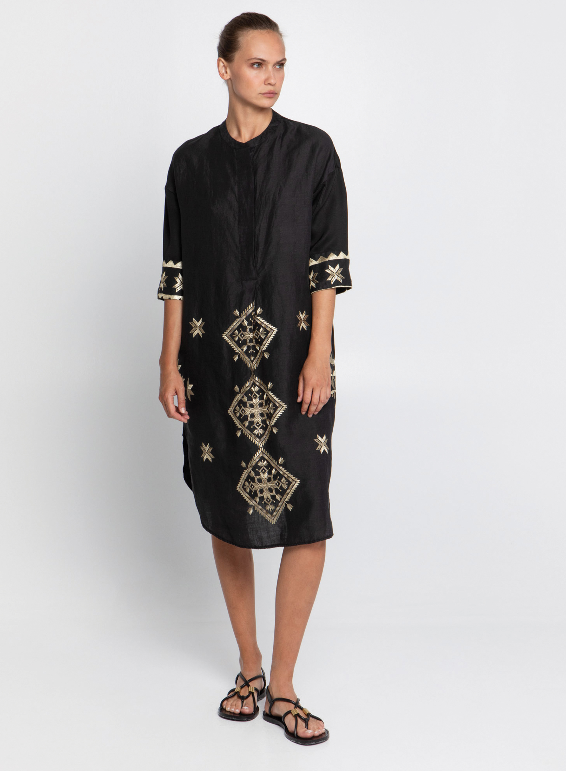Black-Gold Lefkada Dress with buttons, rounded hem with side slits Greek Archaic Kori - 0
