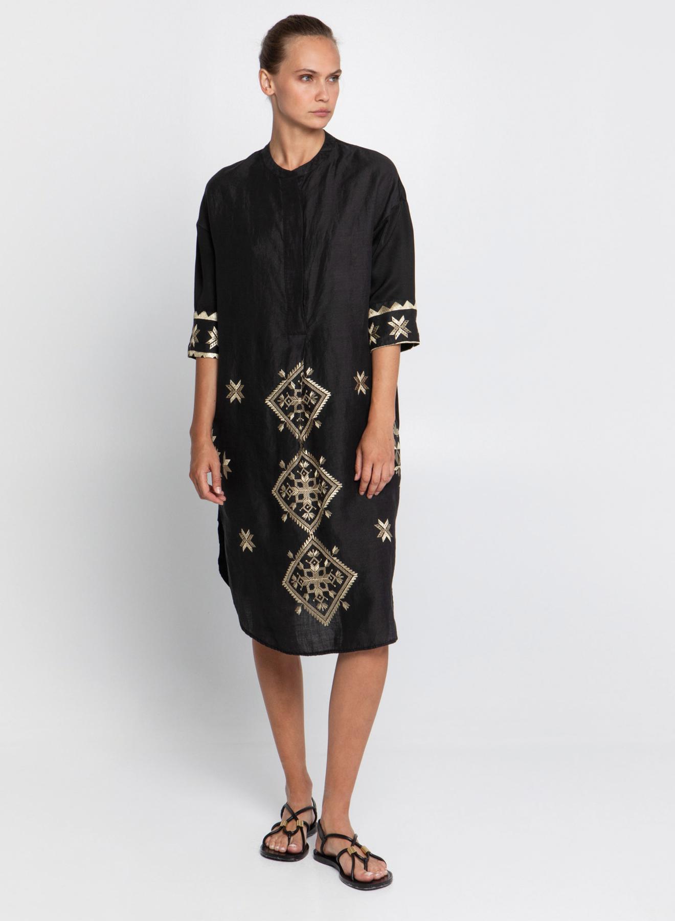 Black-Gold Lefkada Dress with buttons, rounded hem with side slits Greek Archaic Kori - 1