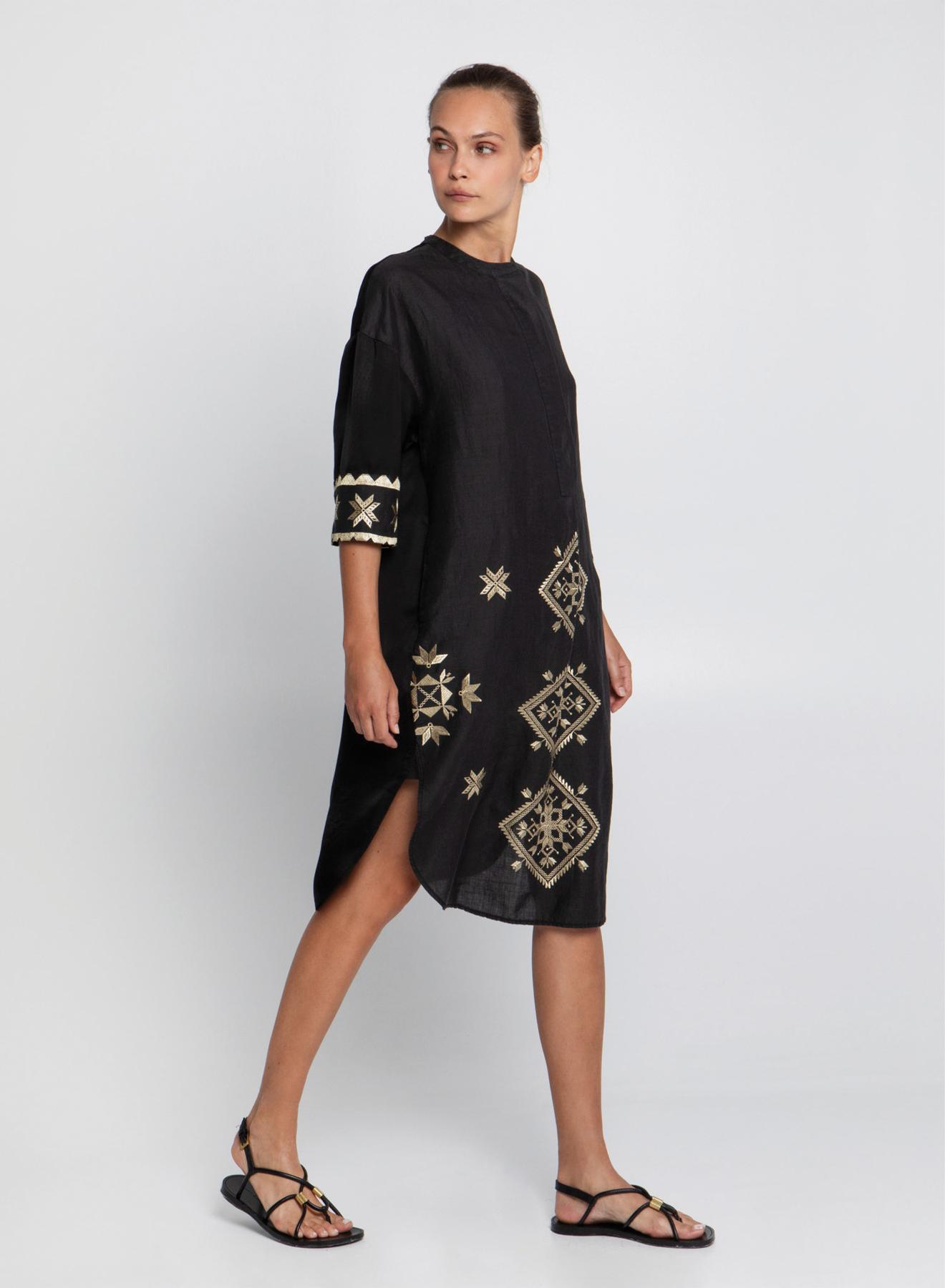 Black-Gold Lefkada Dress with buttons, rounded hem with side slits Greek Archaic Kori - 2