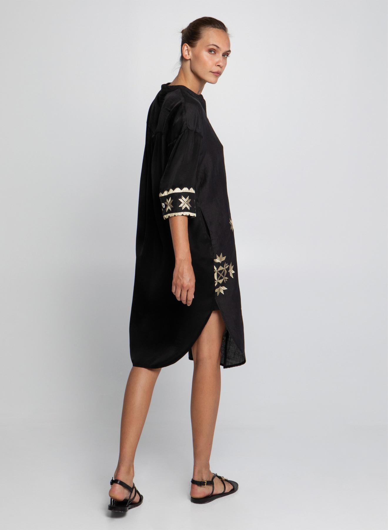 Black-Gold Lefkada Dress with buttons, rounded hem with side slits Greek Archaic Kori - 4