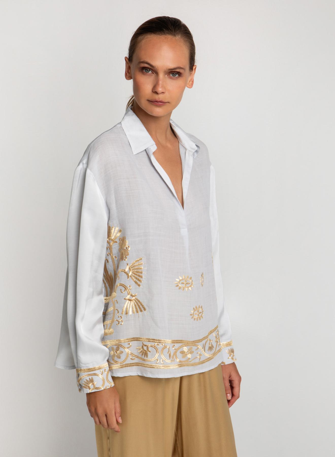 Light Grey-Gold Crete Blouse with long sleeves and with V neckline with lapel Greek Archaic Kori - 1