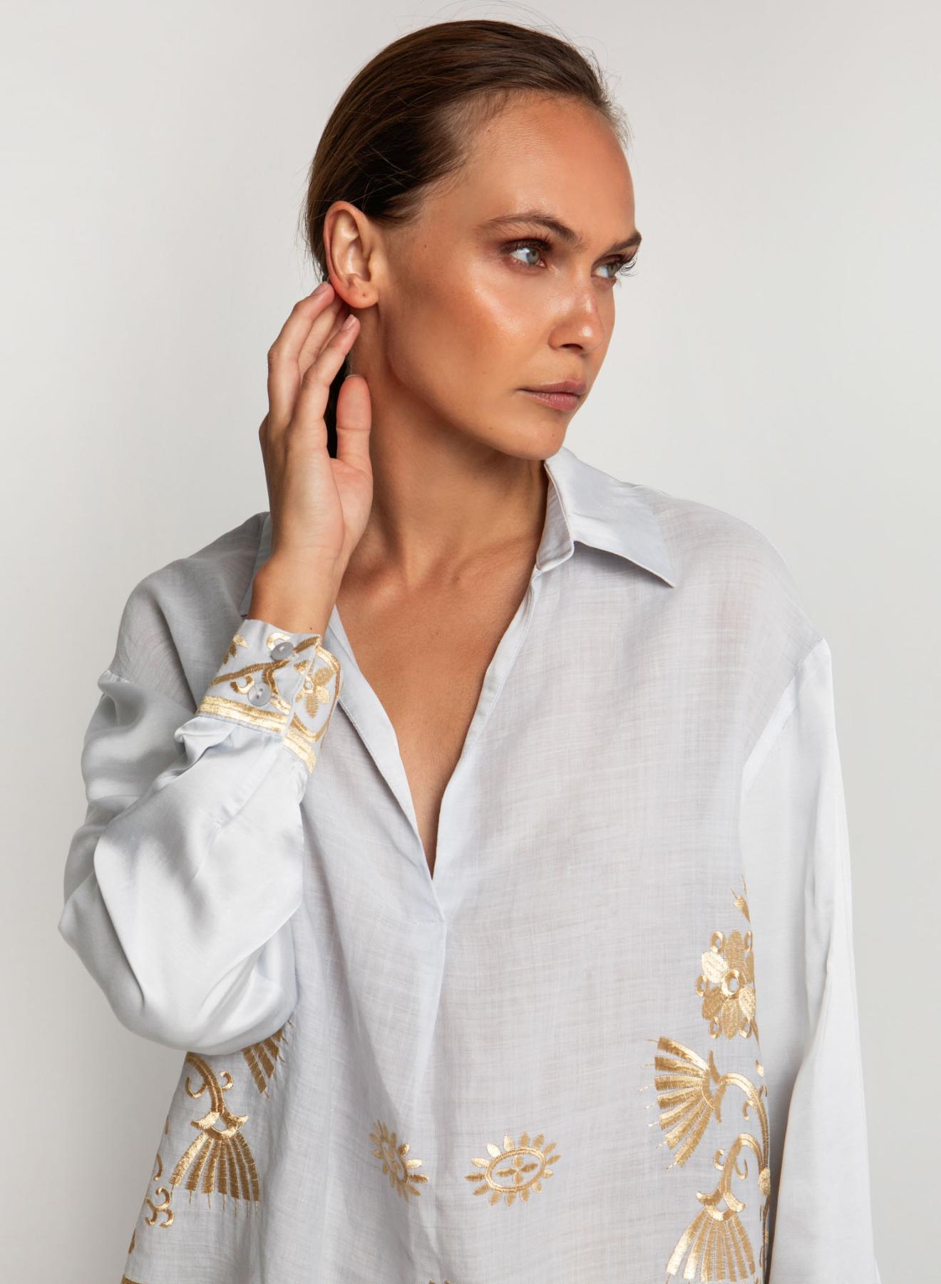 Light Grey-Gold Crete Blouse with long sleeves and with V neckline with lapel Greek Archaic Kori - 2