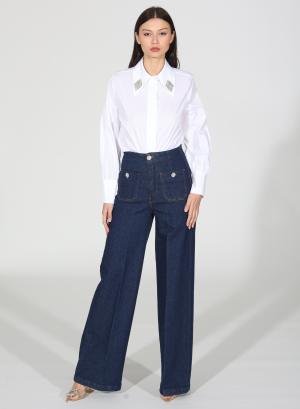 Navy Blue high waisted, wide legs stretch Jeans R.R. - 31911