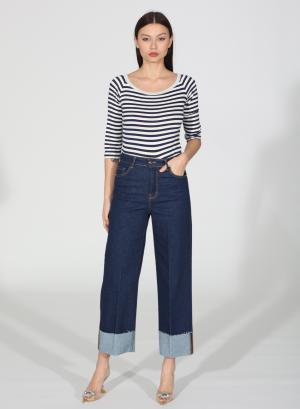 Navy Blue Cropped wide-leg stretch jeans with turn-ups R.R. - 31887
