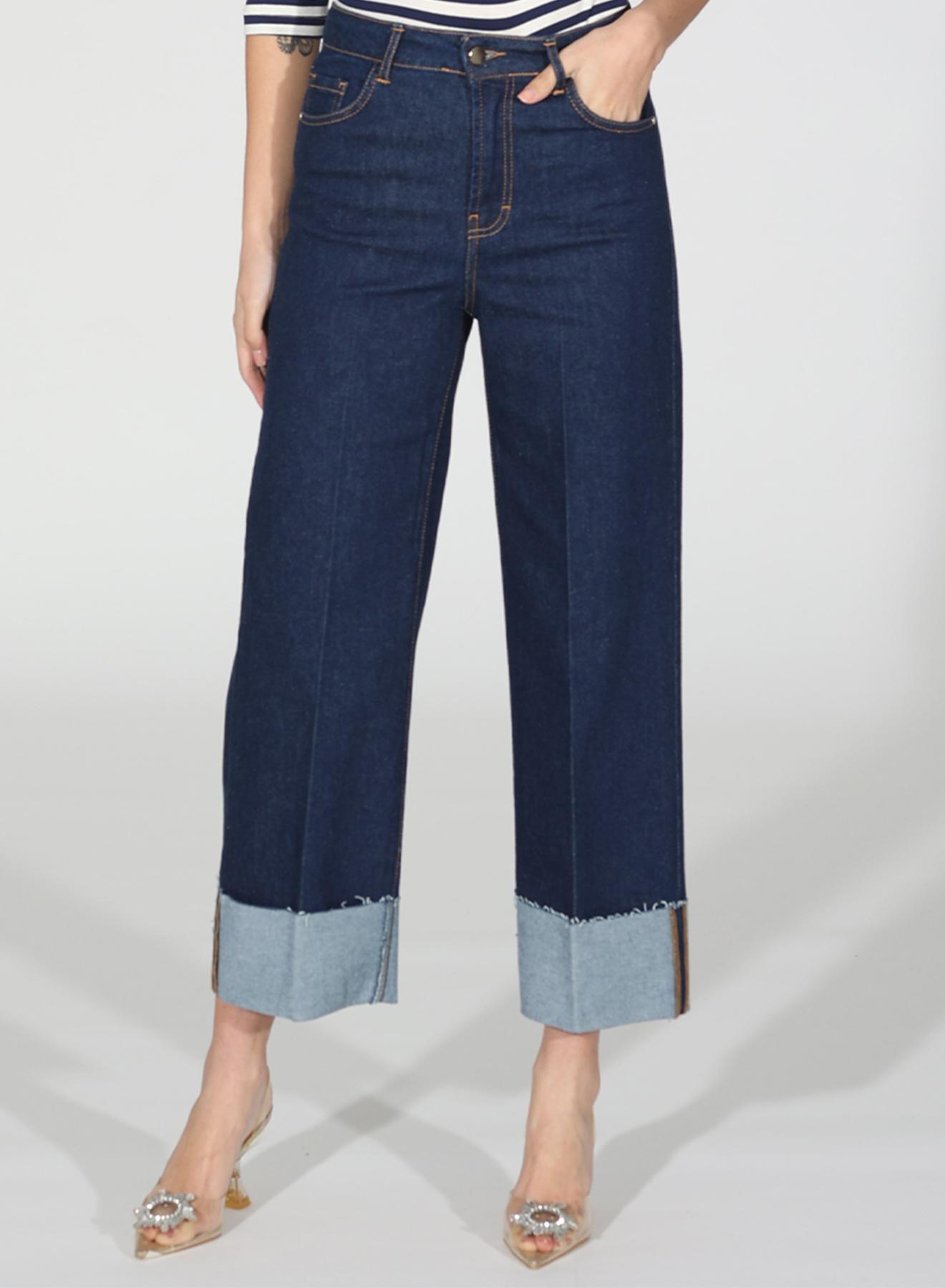 Navy Blue Cropped wide-leg stretch jeans with turn-ups R.R. - 2
