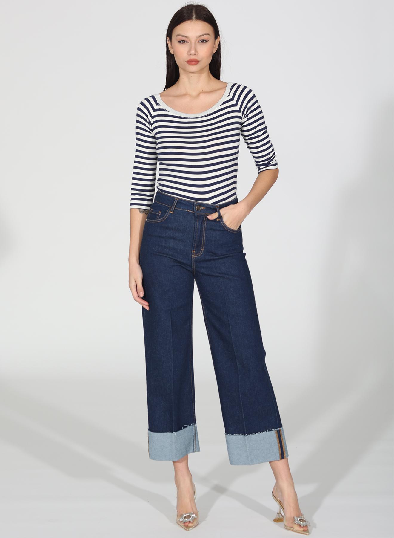 Navy Blue Cropped wide-leg stretch jeans with turn-ups R.R. - 3