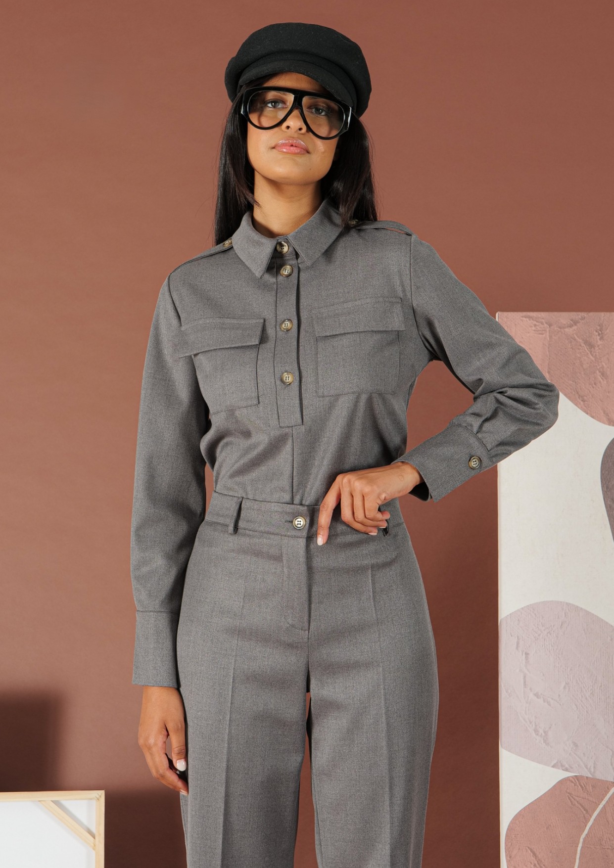 Grey Shirt with shirt lapel and with buttons R.R. - 0