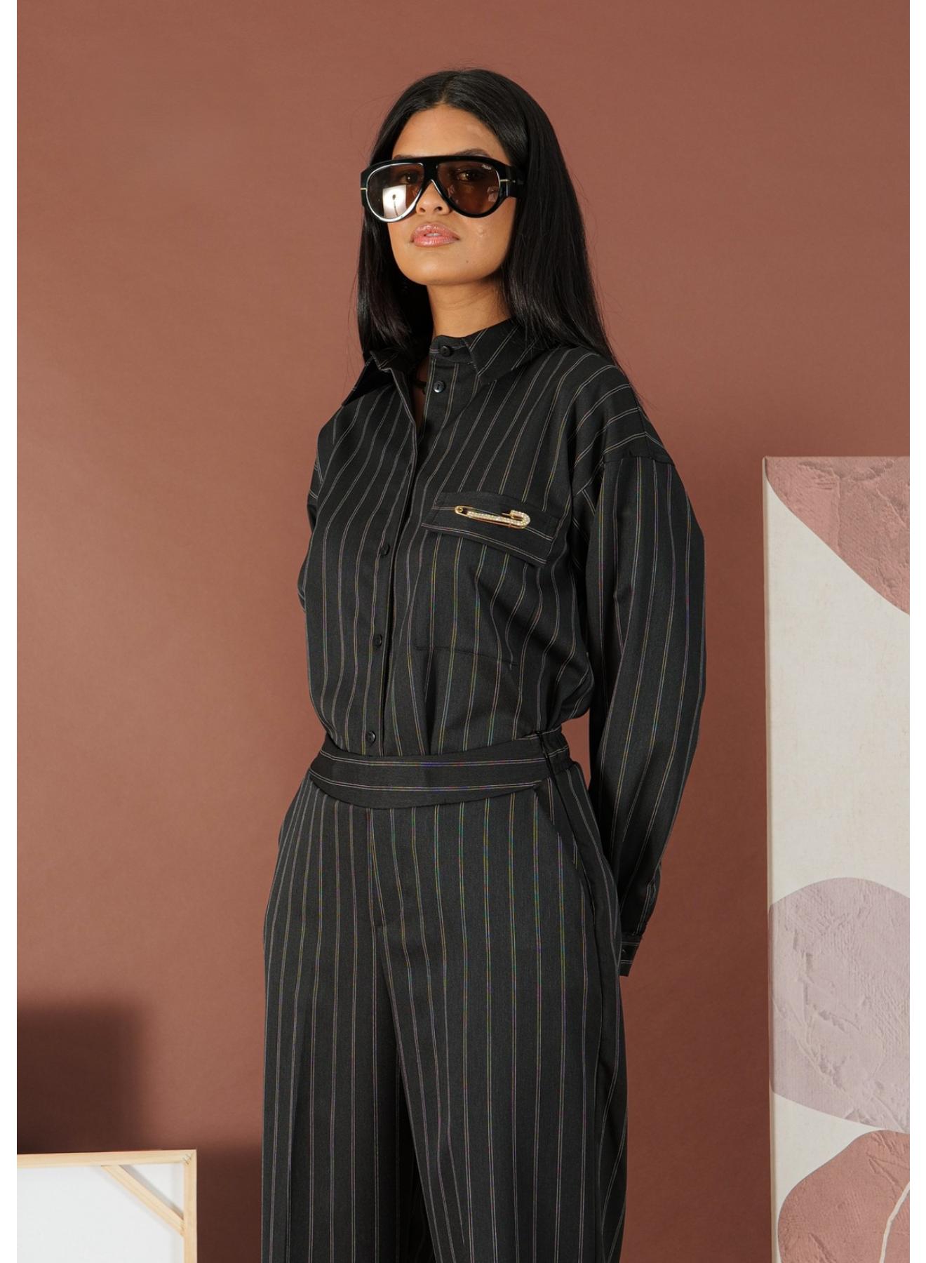 Μαύρο Πουκάμισο με ρίγες και με διακοσμητική καρφίτσα R.R. - 1