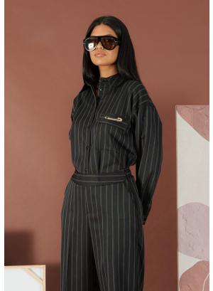 Μαύρο Πουκάμισο με ρίγες και με διακοσμητική καρφίτσα R.R. - 52486