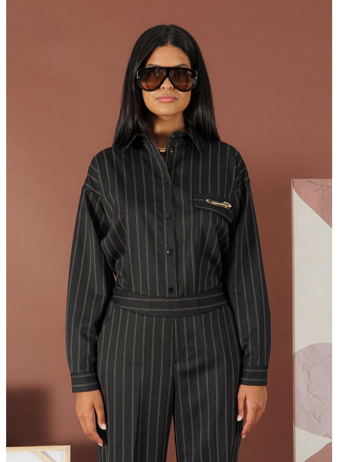 Μαύρο Πουκάμισο με ρίγες και με διακοσμητική καρφίτσα R.R. - 2