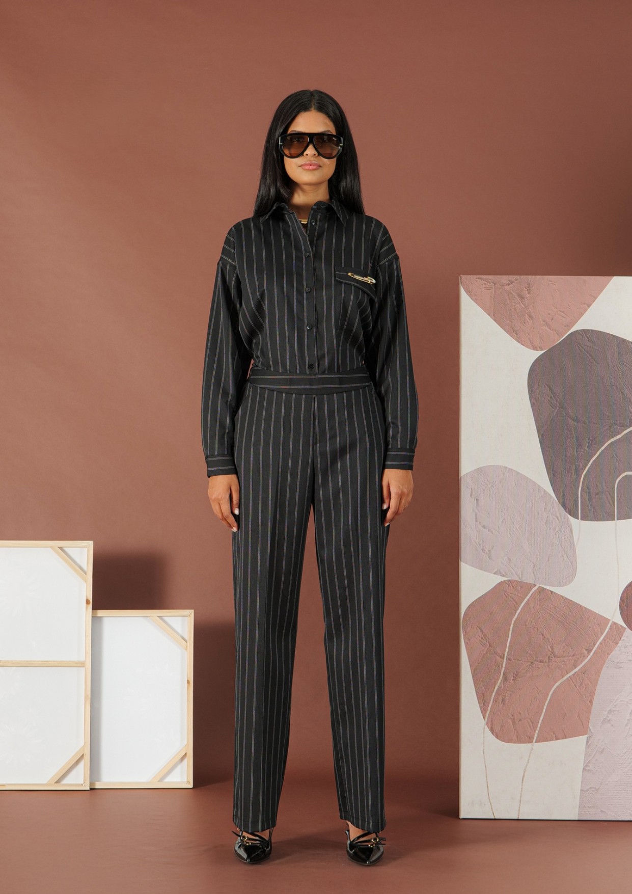 Μαύρο Παντελόνι με ρίγες σε ίσια γραμμή R.R. - 0