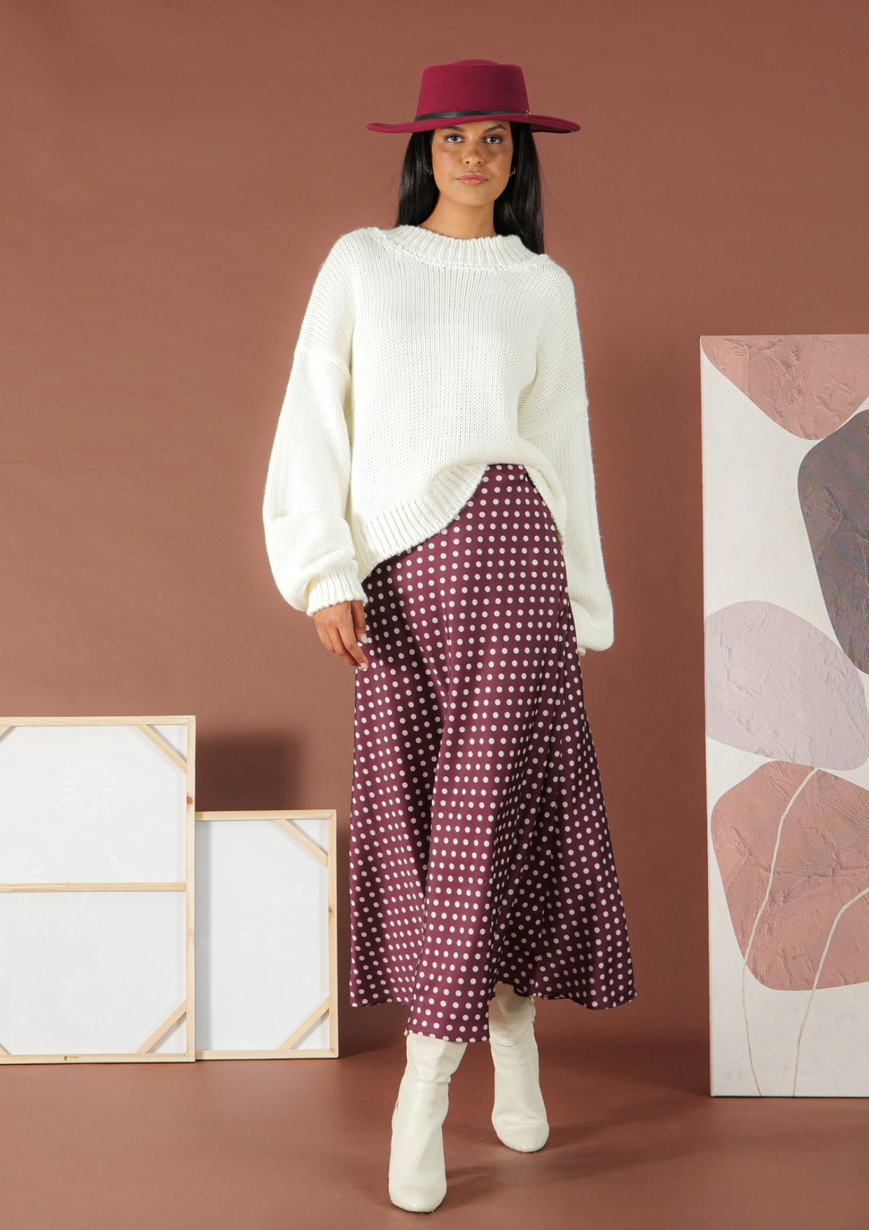 Bordeaux-Ecru silky touch polka dot Skirt R.R. - 0