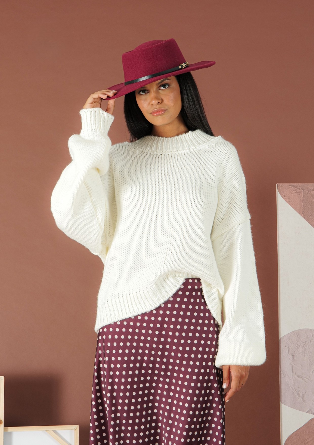 Bordeaux-Ecru silky touch polka dot Skirt R.R. - 1