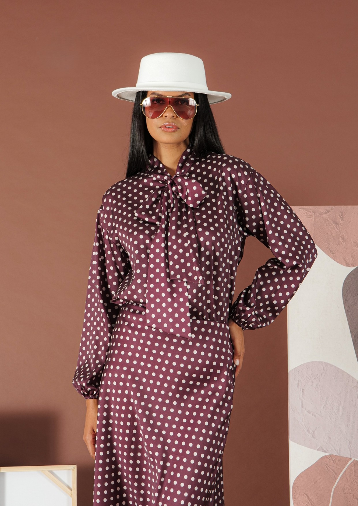 Bordeaux-Ecru silky touch polka dot Skirt R.R. - 3