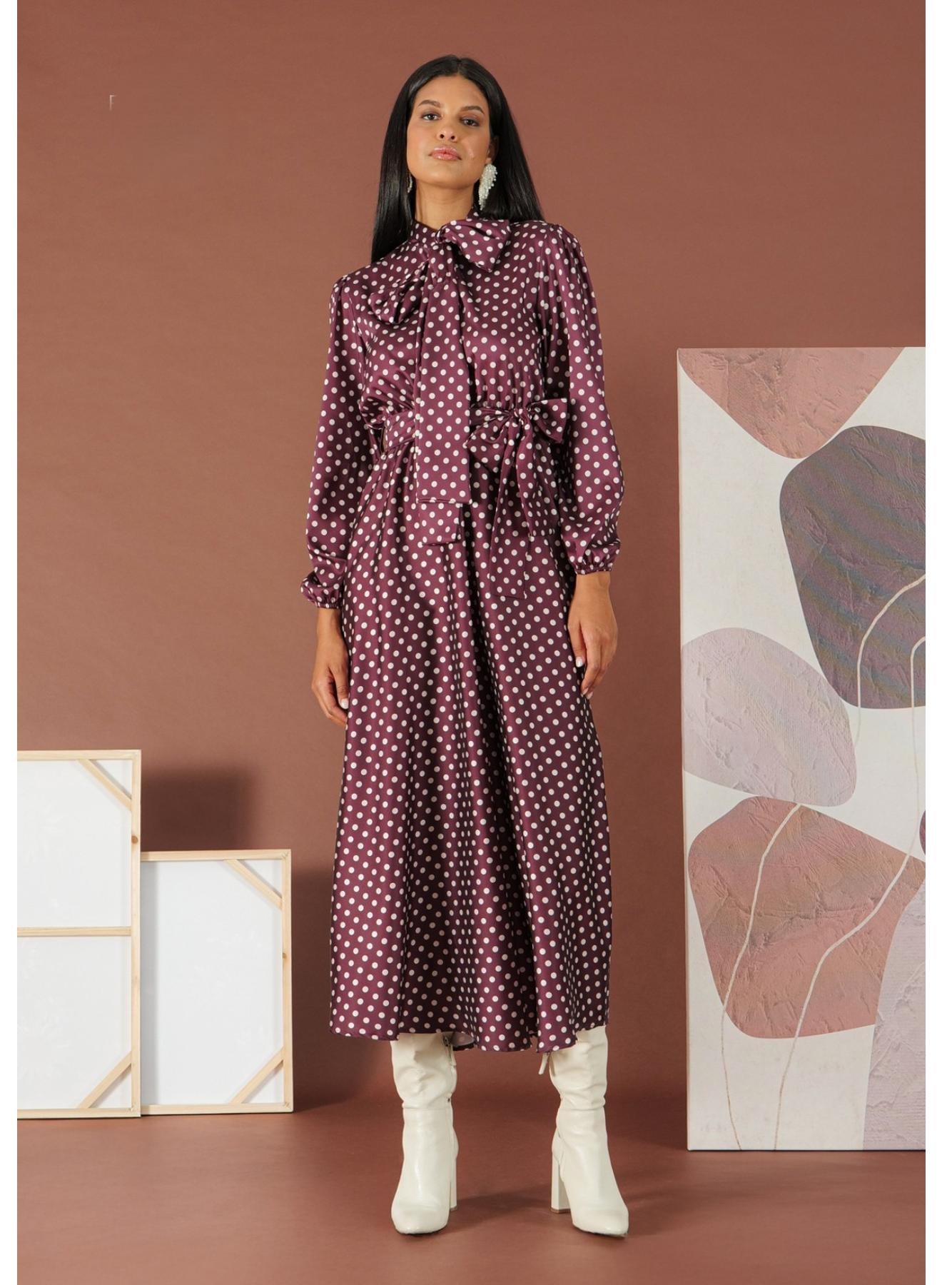 Μπορντώ-Εκρού silky touch Φόρεμα πουά με γραβάτα και με ζώνη R.R. - 1