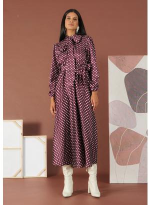 Μπορντώ-Εκρού silky touch Φόρεμα πουά με γραβάτα και με ζώνη R.R. - 52456