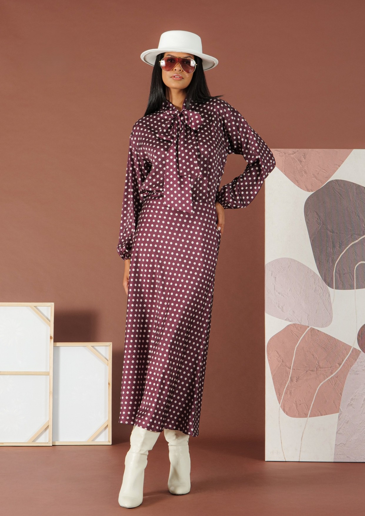 Bordeaux silkjy touch polka dot Blouse with tie bow R.R. - 1