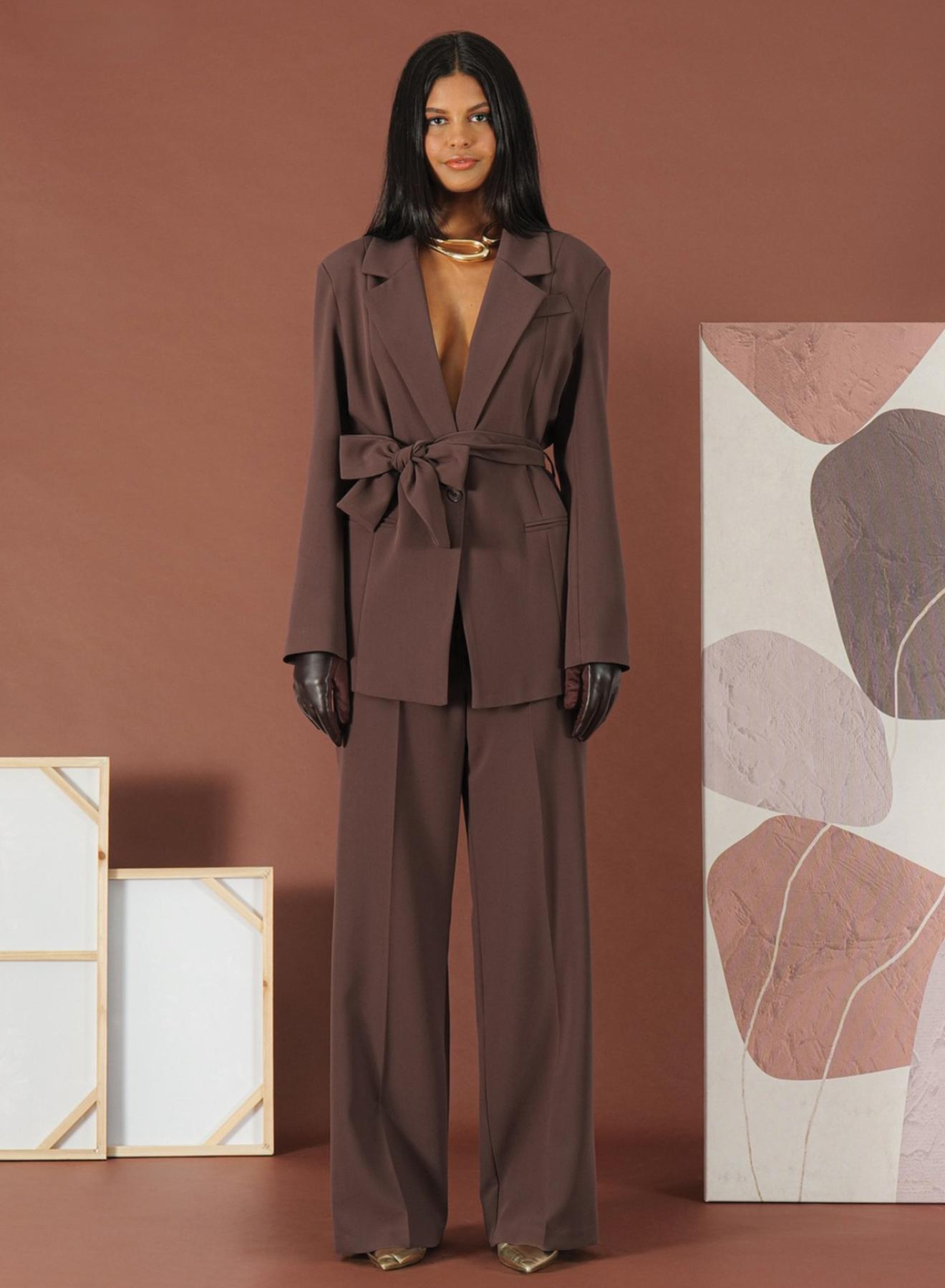 Σοκολά Σακάκι με ένα κουμπί και με ζώνη R.R. - 2