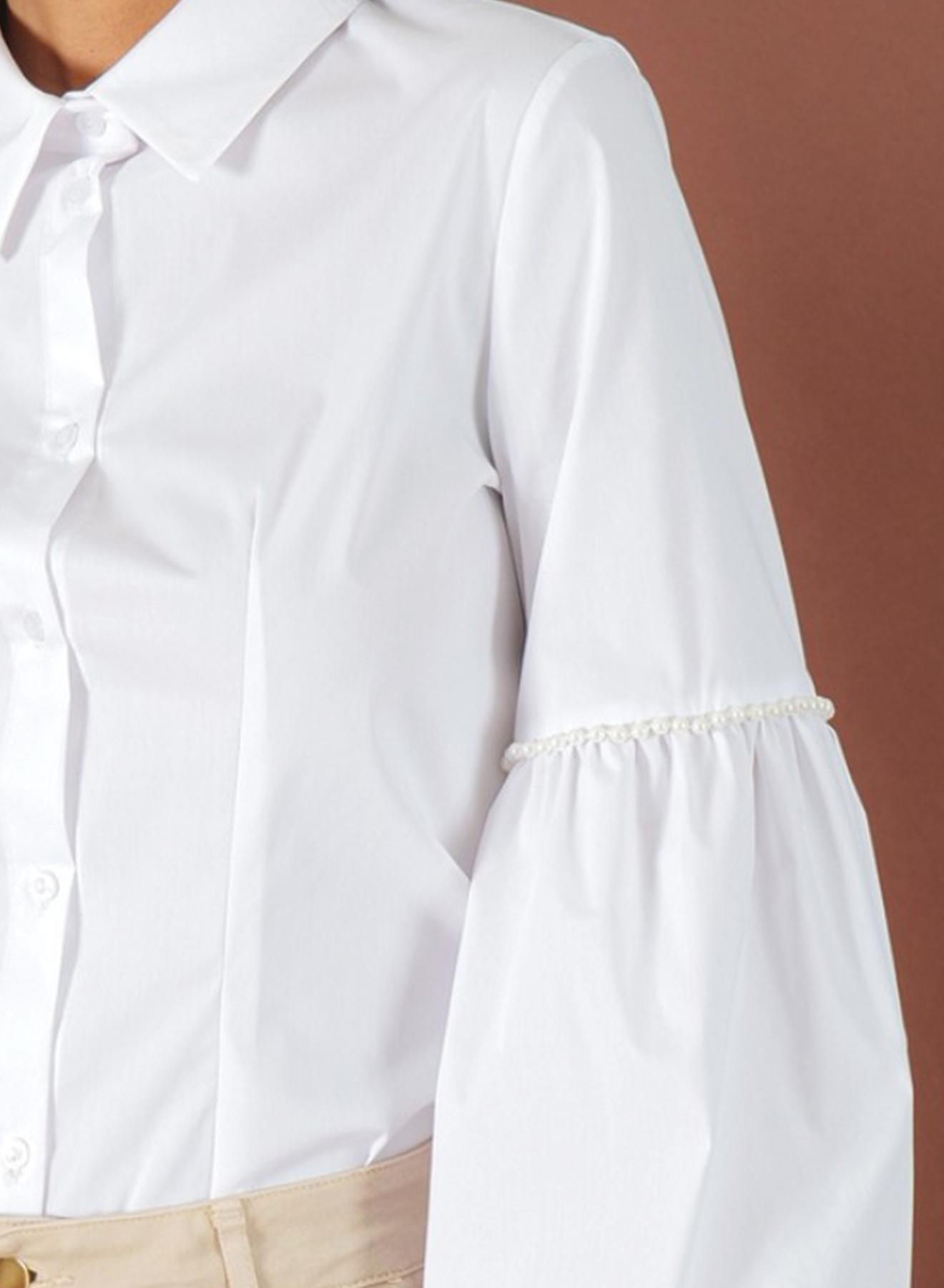 White slim fit Shirt with balloon sleeves with decorative pearls R.R. - 3