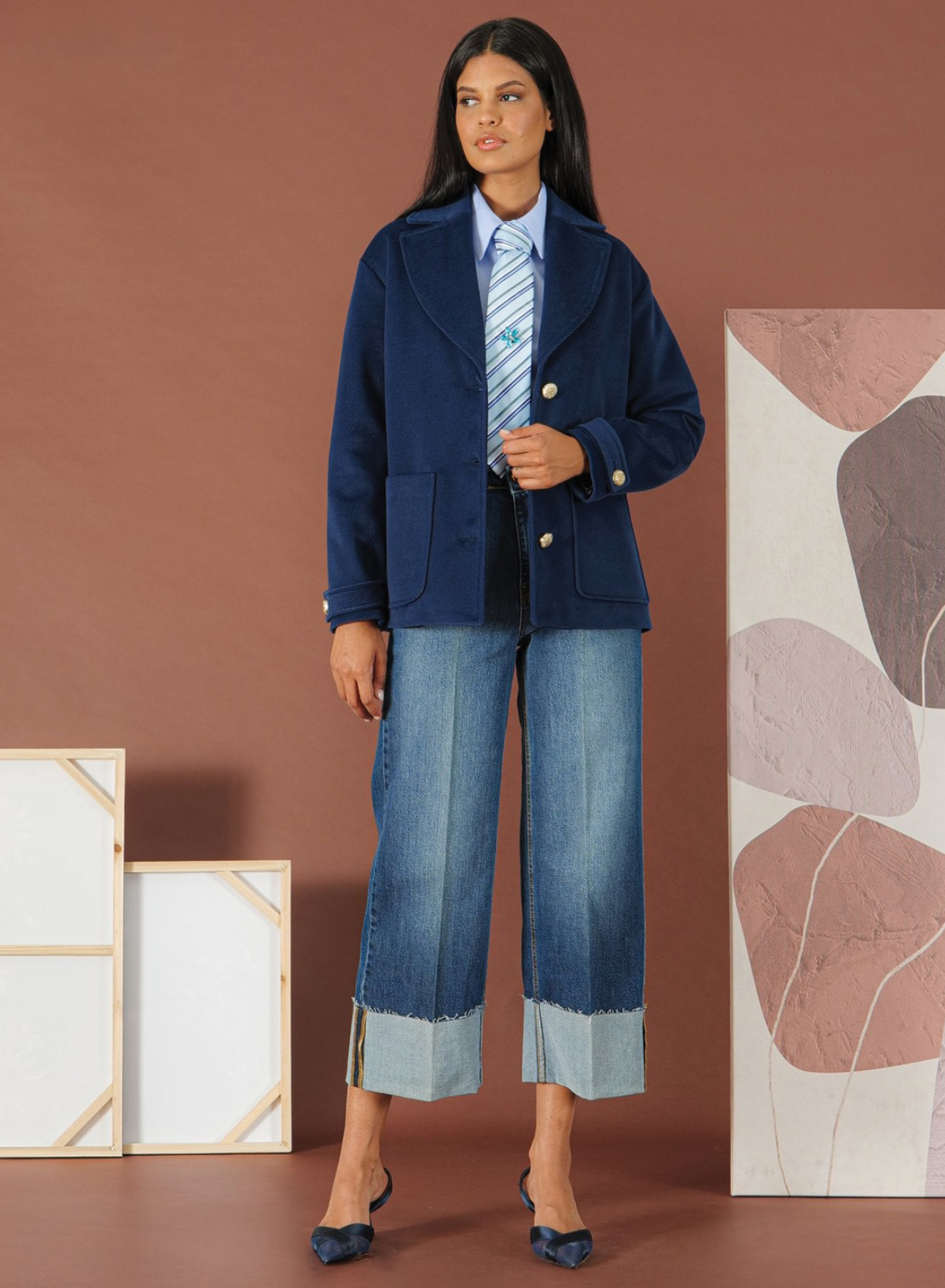 Blue wide leg stretch Jeans with turn-ups R.R. - 1