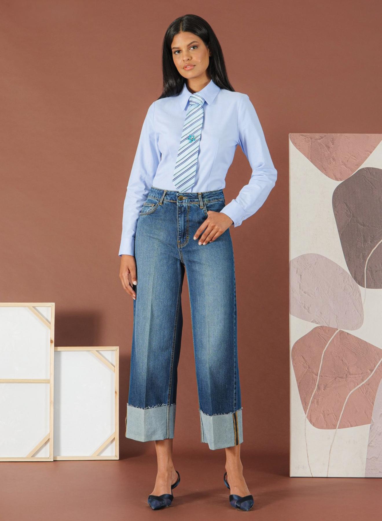 Blue wide leg stretch Jeans with turn-ups R.R. - 1
