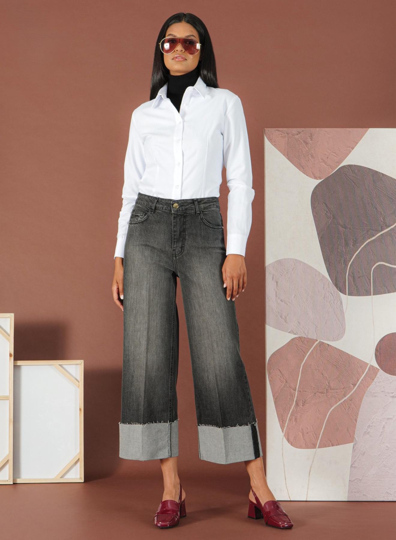 Dark Grey wide leg stretch Jeans with turn-ups R.R. - 1