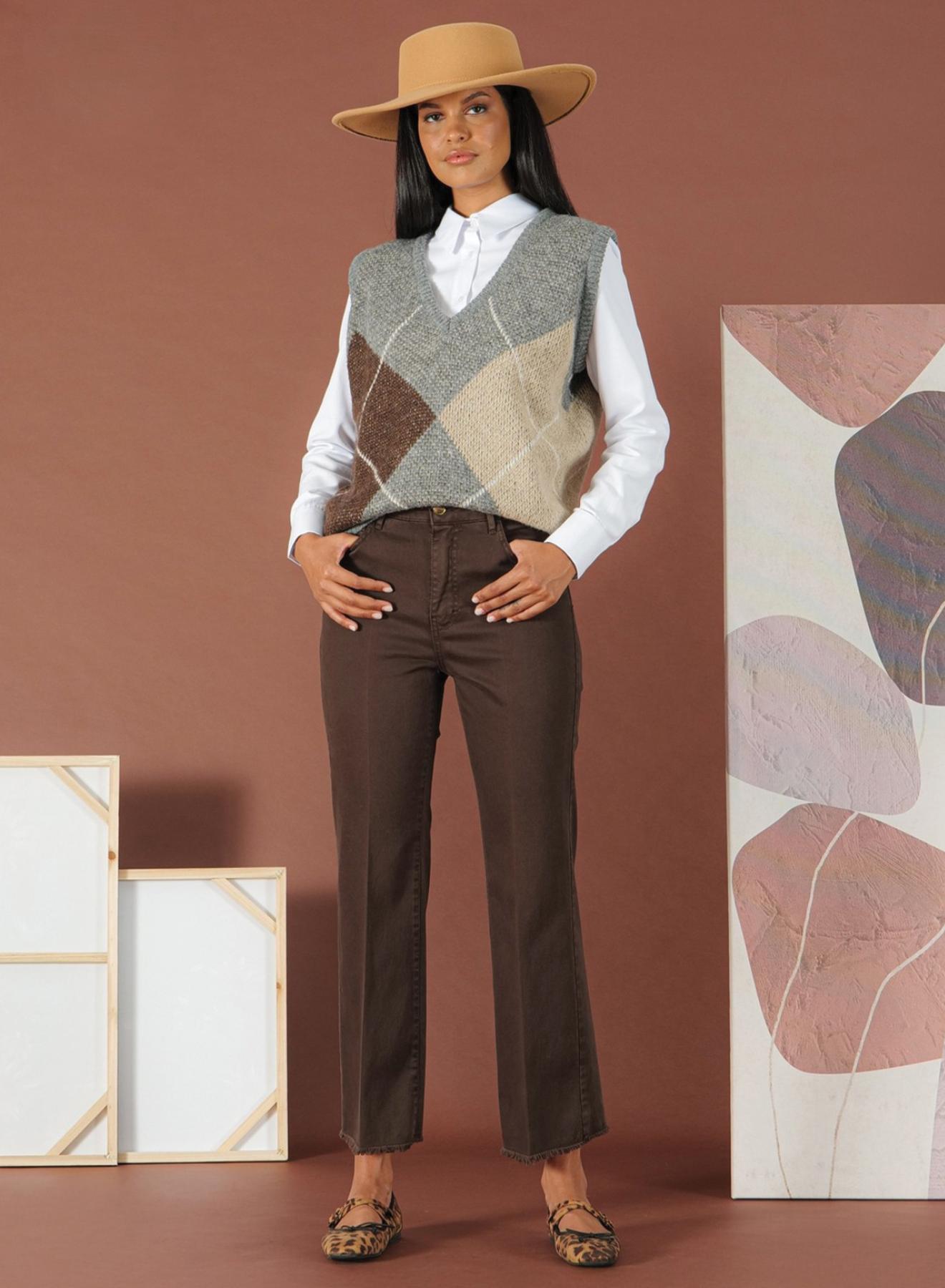 Σοκολά Παντελόνι κροπ με μικρή καμπάνα και ξέφτια στο τελείωμα R.R. - 1