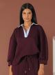 Bordeaux sweatshirt style Blouse with V neckline and shirt lapel with decorative rhinestones R.R. - 2