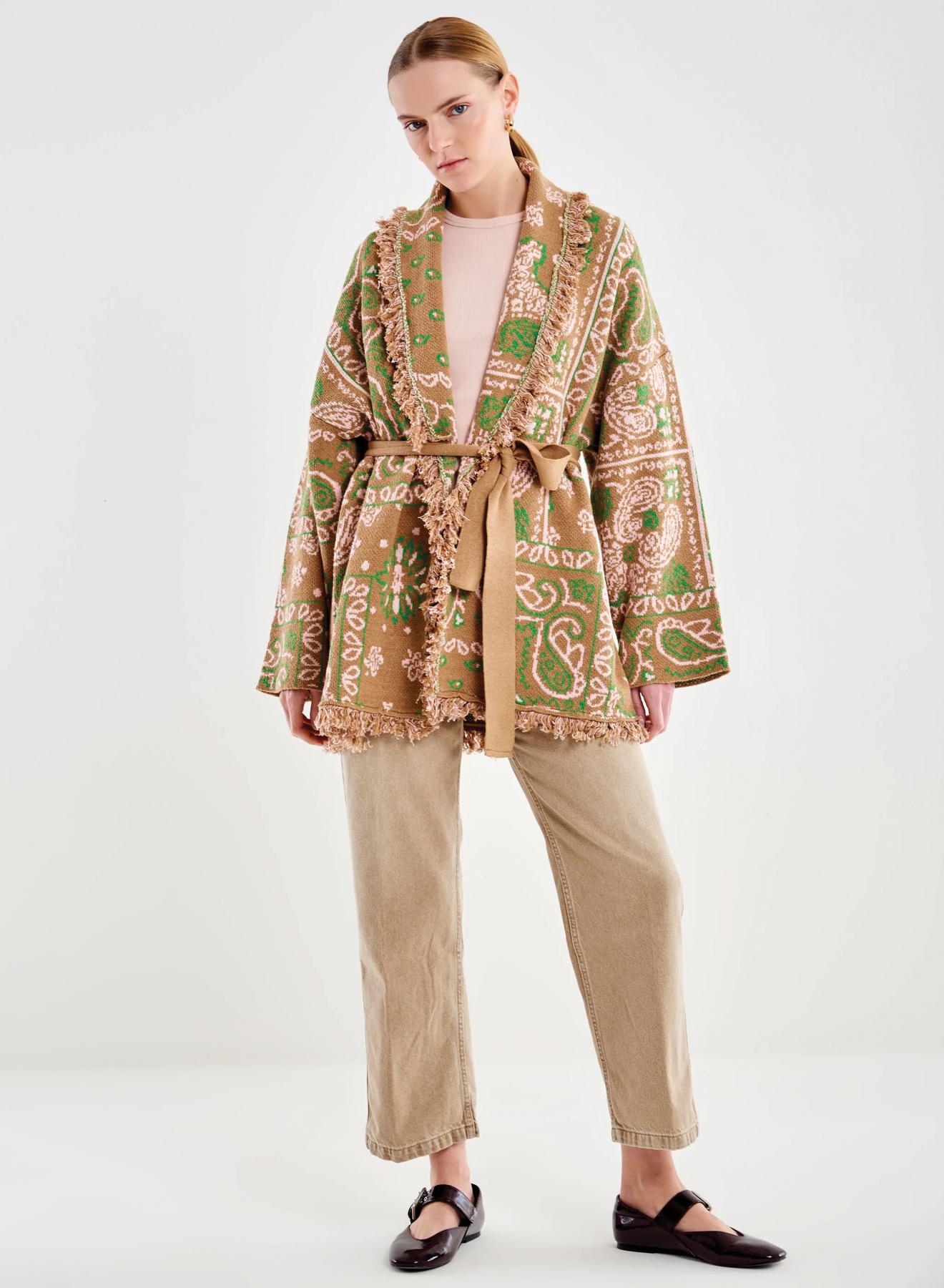 Μπεζ ζακάρ Ζακέτα με ξέφτια και με ζώνη Vicolo - 1