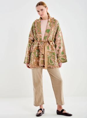 Μπεζ ζακάρ Ζακέτα με ξέφτια και με ζώνη Vicolo - 55301