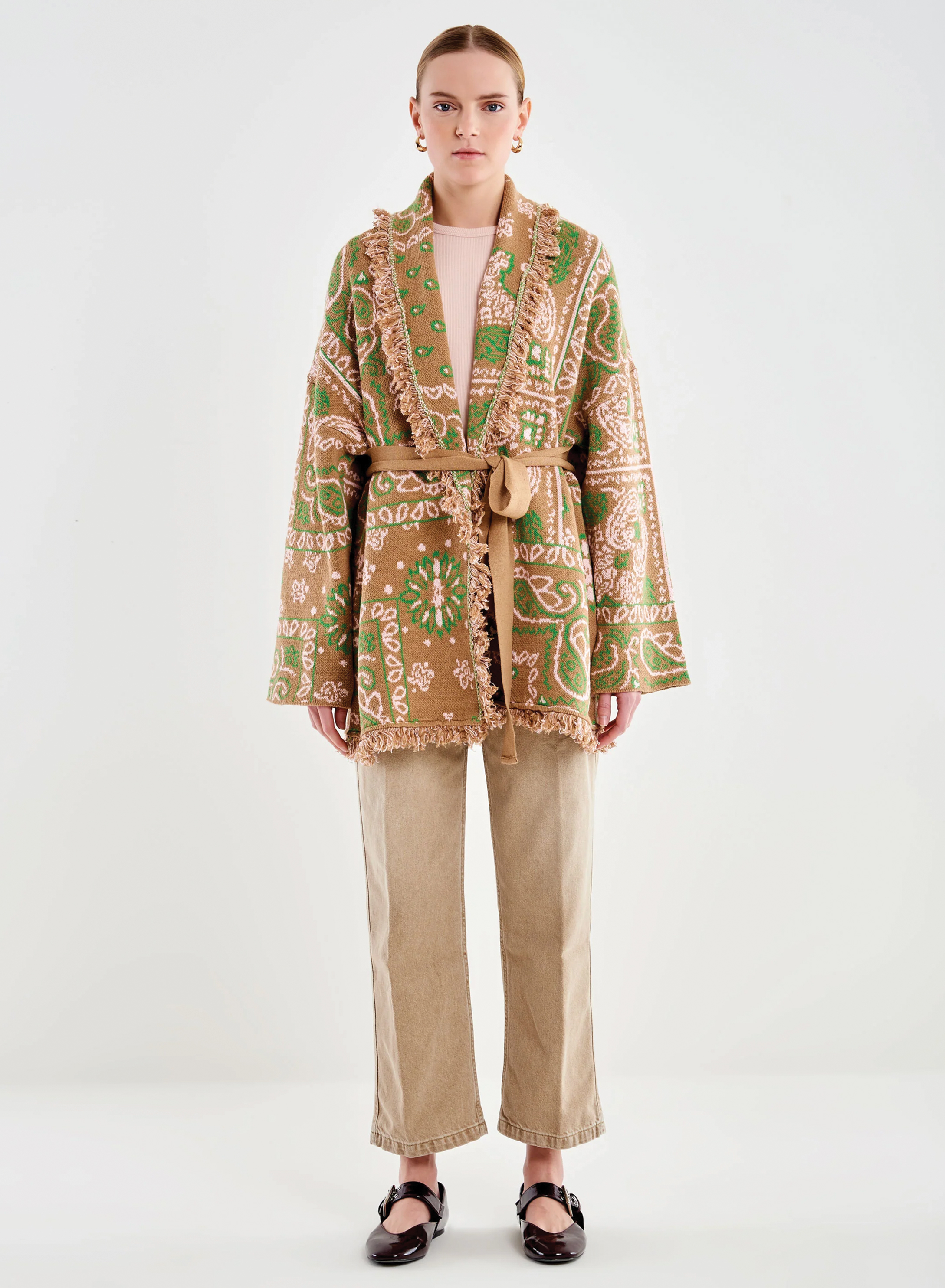 Μπεζ ζακάρ Ζακέτα με ξέφτια και με ζώνη Vicolo - 1