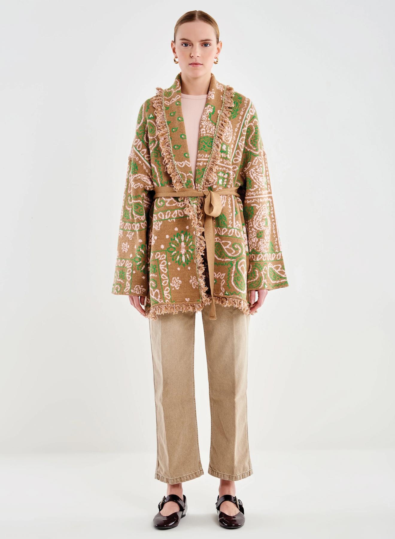 Μπεζ ζακάρ Ζακέτα με ξέφτια και με ζώνη Vicolo - 2