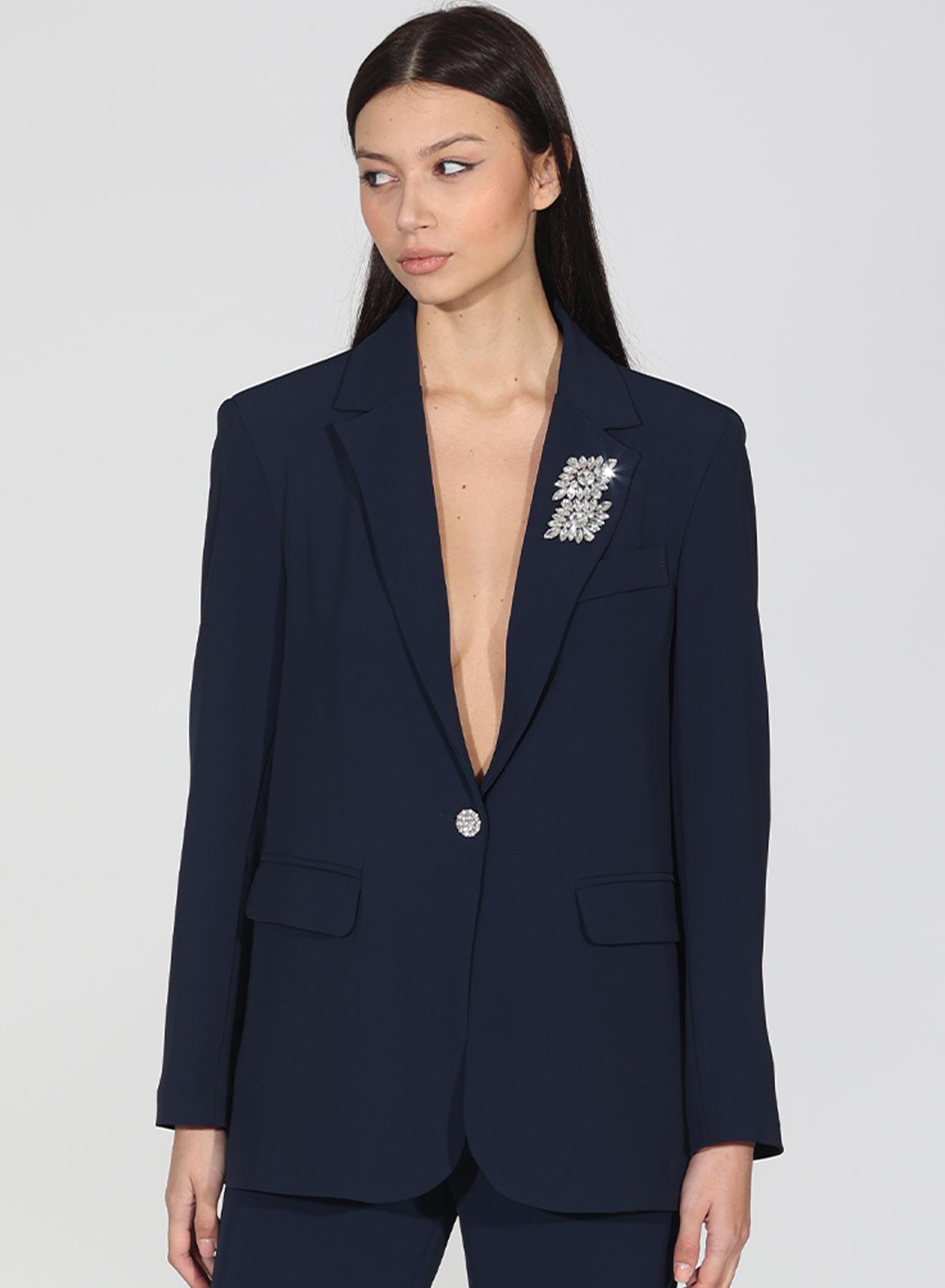 Navy Blue Jacket with one button and detachable rhinestoned brooch R.R - 1