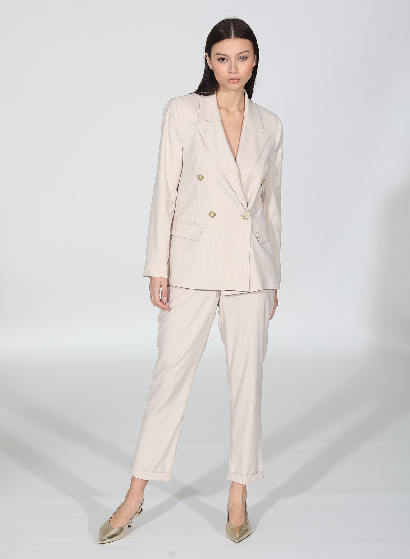 Beige pinstriped straight fit Trousers with belt R.R - 2