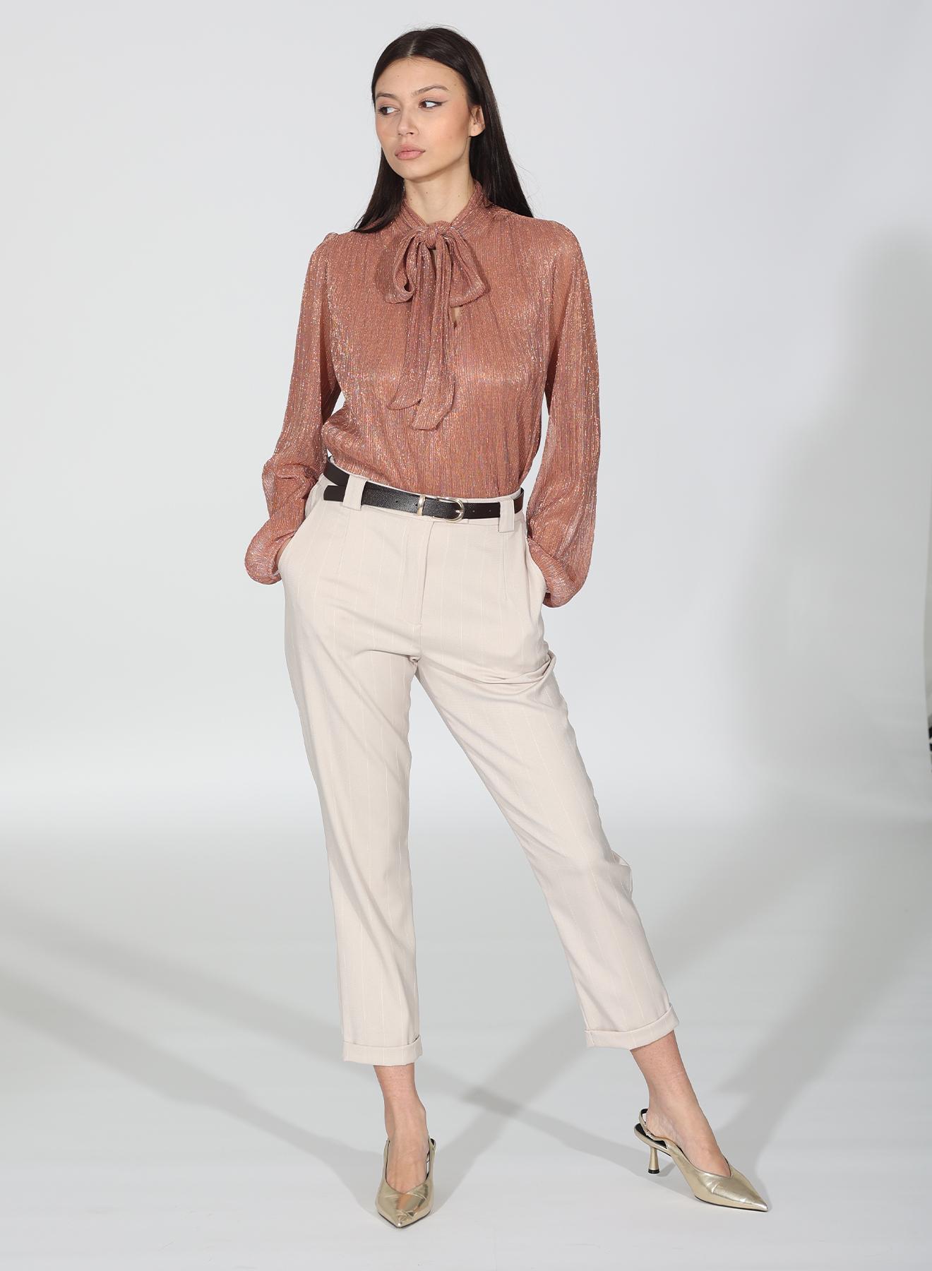 Beige pinstriped straight fit Trousers with belt R.R - 1