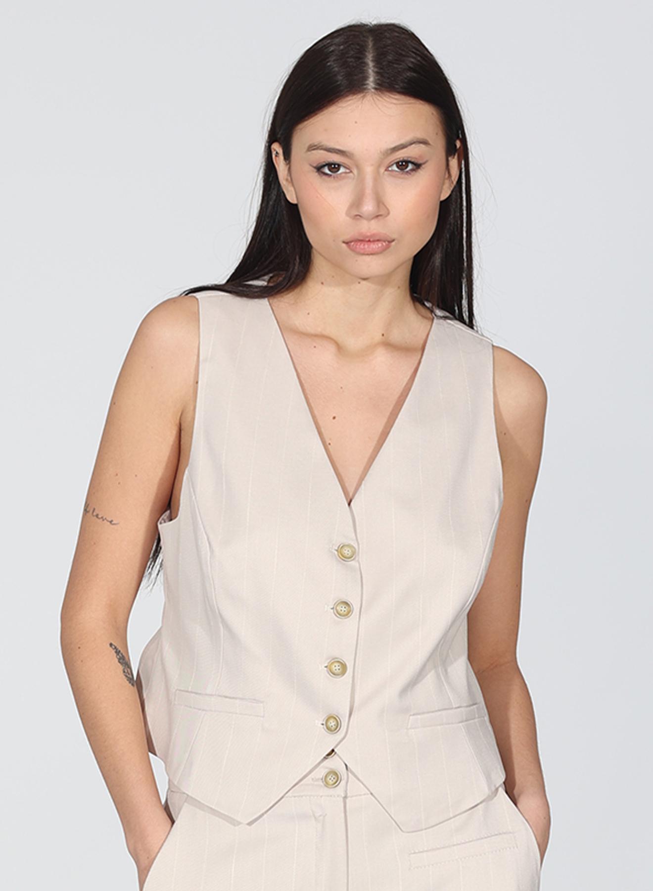 Beige pinstriped Vest with buttons and V-neckline R.R - 2