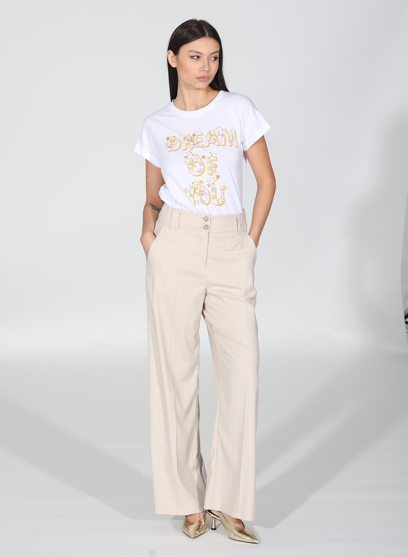 Beige pinstriped, high waisted, wide legs Trousers R.R - 1