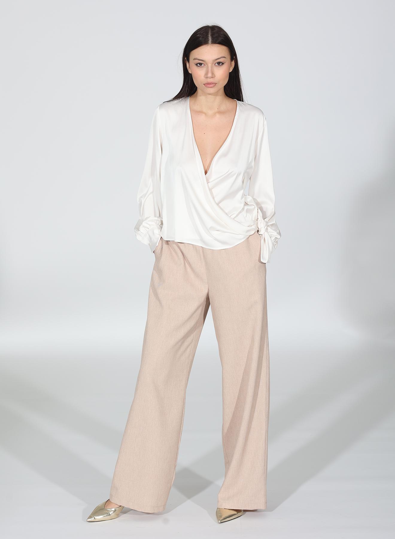 Beige wide legs Trousers with elastic waistband ties with cord R.R - 3