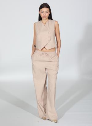 Beige wide legs Trousers with elastic waistband ties with cord R.R - 32070